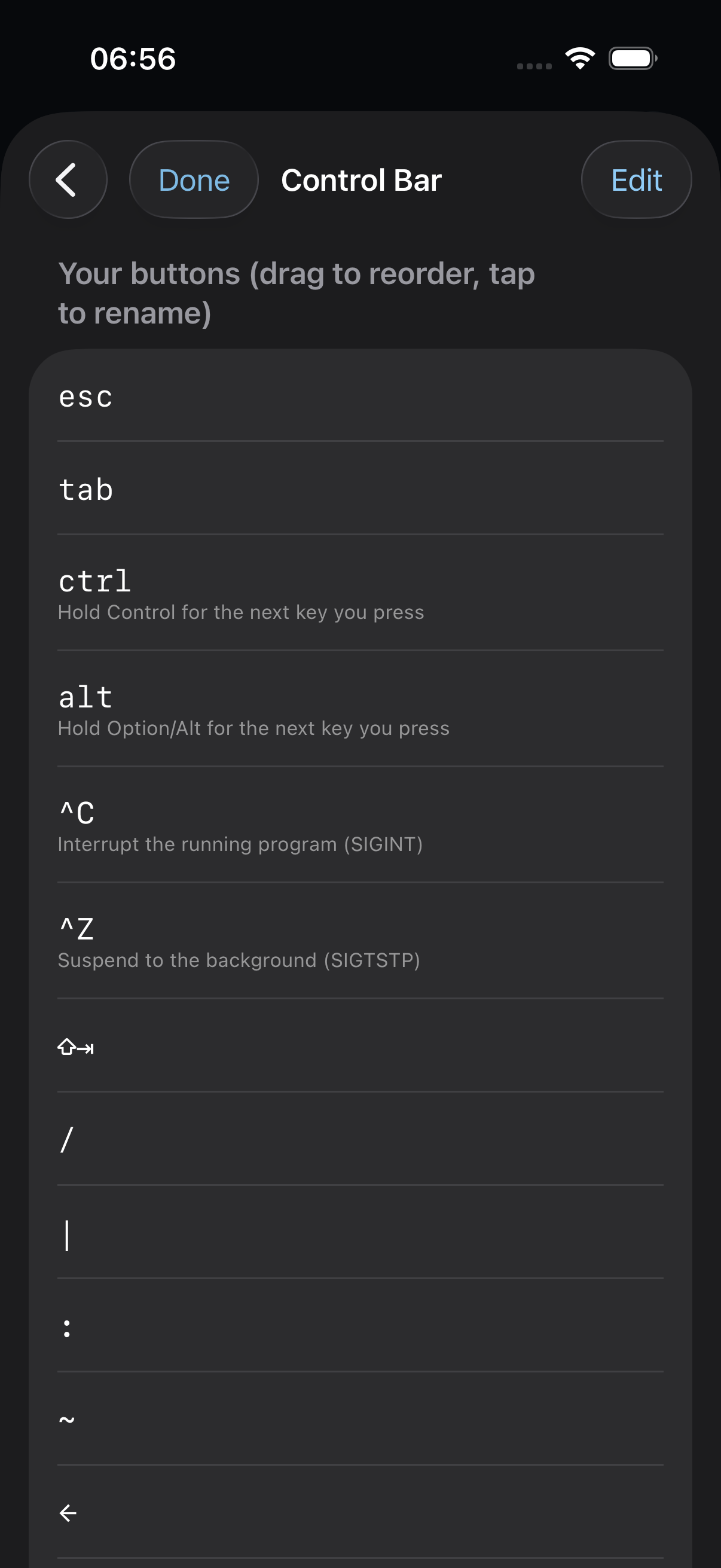 The control-bar editor: reorder, add presets, or reset keys