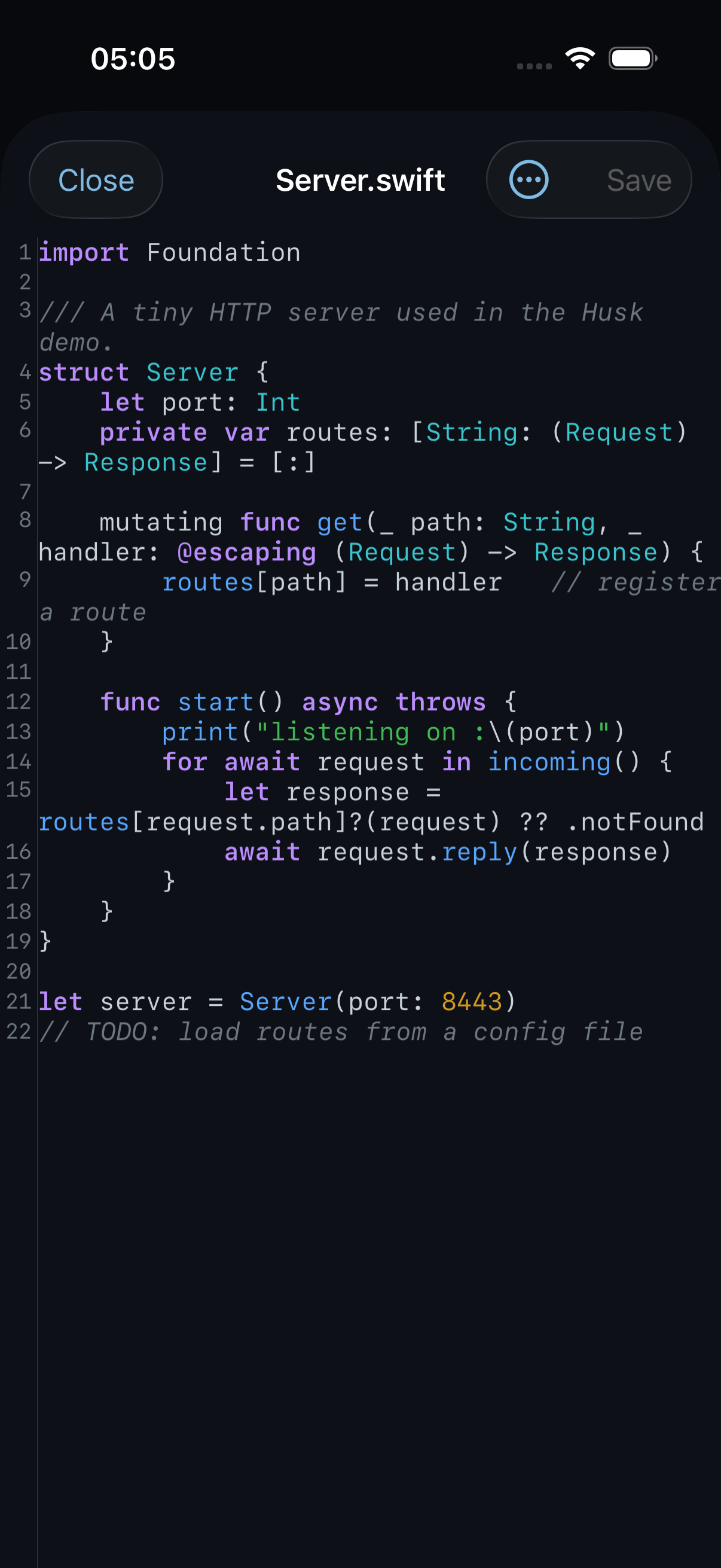 Husk code editor with Swift syntax highlighting