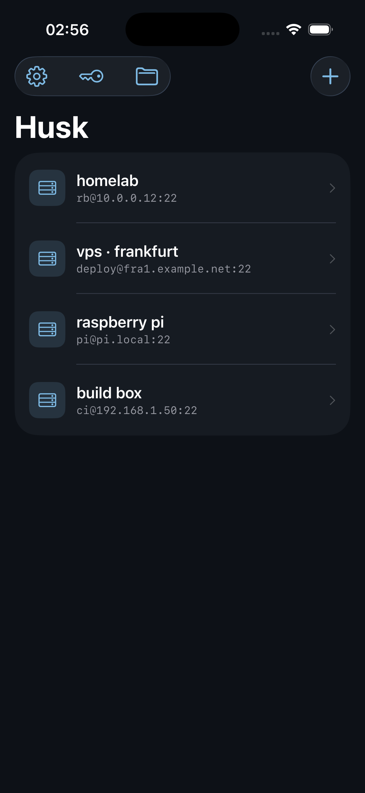 Husk home screen listing saved SSH hosts