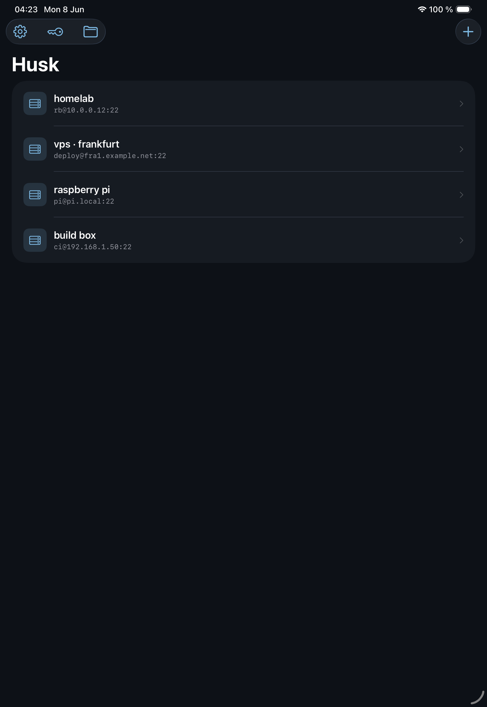 Husk on iPad showing the same saved servers