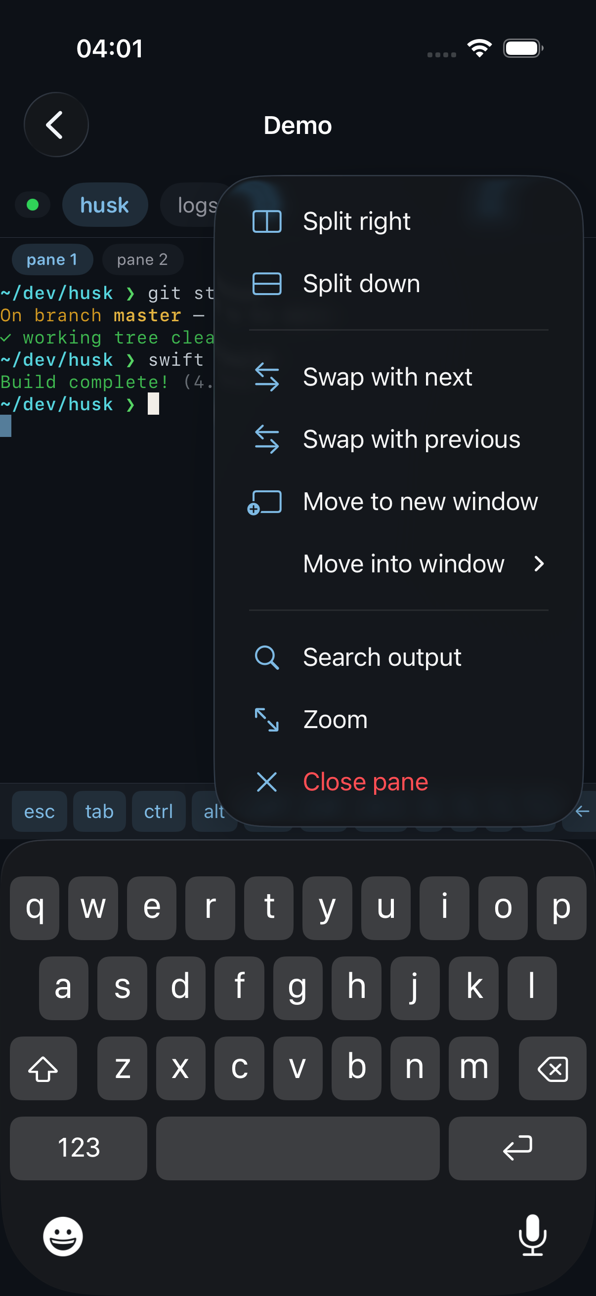 Pane controls menu: split, swap, zoom, search, close