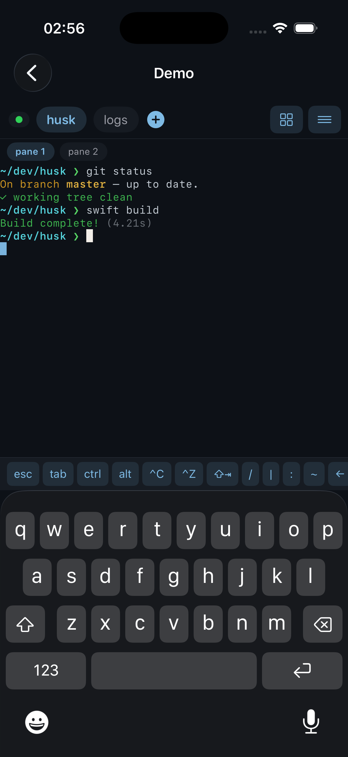 Husk running a tmux session with tabs, split panes, and a customizable control bar