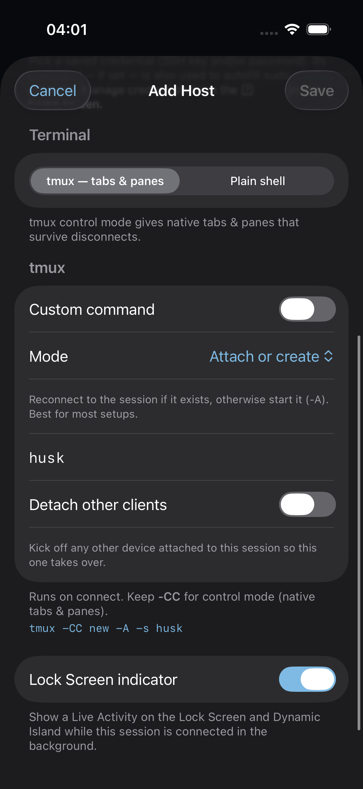Per-host tmux launch configuration